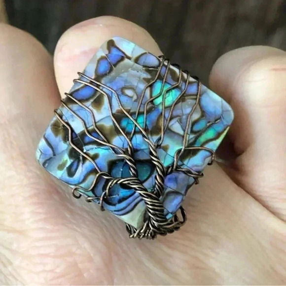 Handmade Abalone Square Brass Tone Adjustable Free Size Tree of Life Ring - Picture 4 of 4